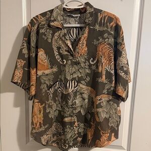 Women’s Cotton Olive Green Safari Print Short-Sleeve Shirt